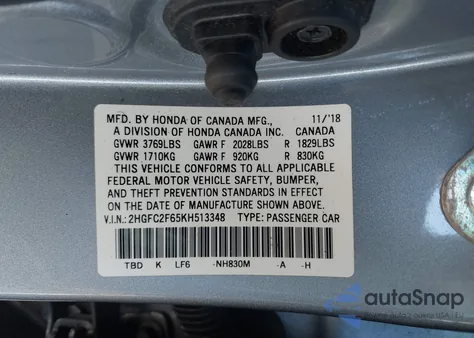 2019 Honda Civic Lx из США, поврежденный, VIN 2HGFC2F65KH513348